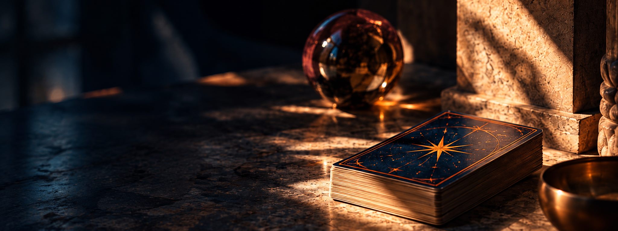 Jeu de tarot à l'étoile cuivrée et boule de cristal sur un rebord de pierre